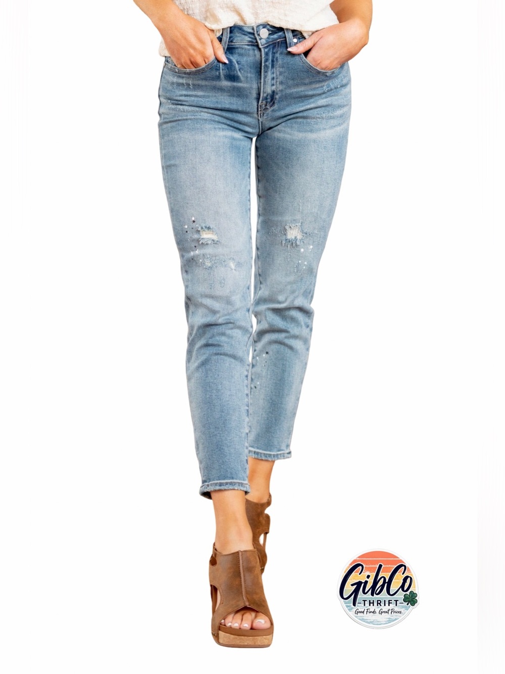 RISEN | SIZE 29 | PEYTON MID RISE TAPERED DISTRESSED JEAN PAINT SPLATTER DESIGN - Picture 1 of 10